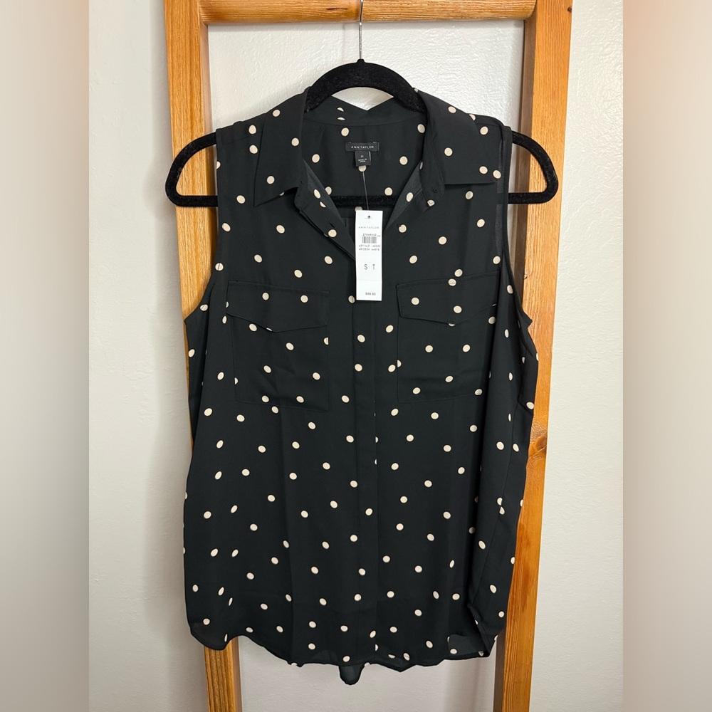 Ann Taylor Black and Cream Polka Dot Blouse Small TALL